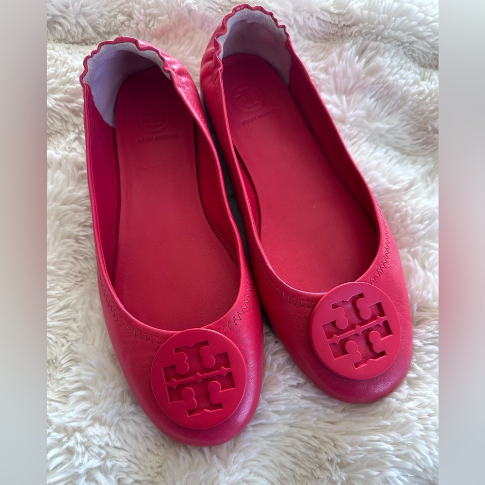 Tory Burch Minnie Travel Ballet Flats Slip On Signature Logo Leather {7.5} Shoes